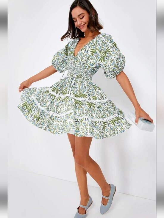 SAYLOR Dresses & Skirts - SAYLOR White Floral Puff-Sleeve Mini Dress with Green Print